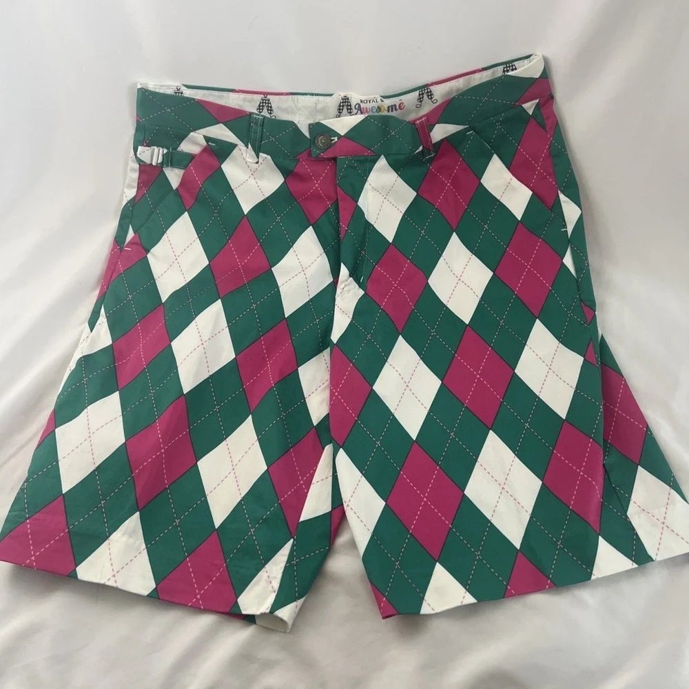 LOUDMOUTH Mens Sz 36 Golf Shorts Multicolored Argyle Pink Green White‎